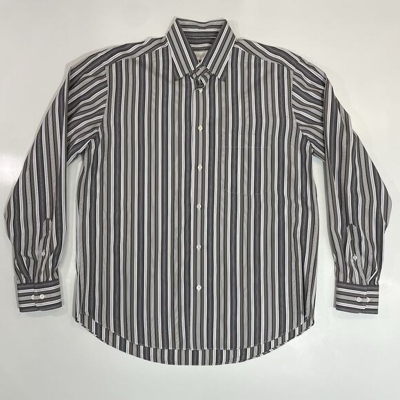 VTG Brioni Men’s Shirt Large Gray White Stripe Long Sleeve Dress Preppy Cotton - Picture 1 of 7